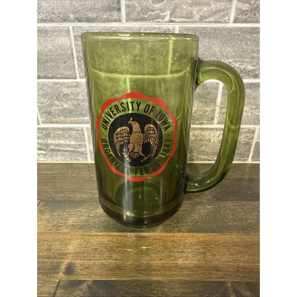 Vintage University of Iowa Green Glass‎ Stein Mug